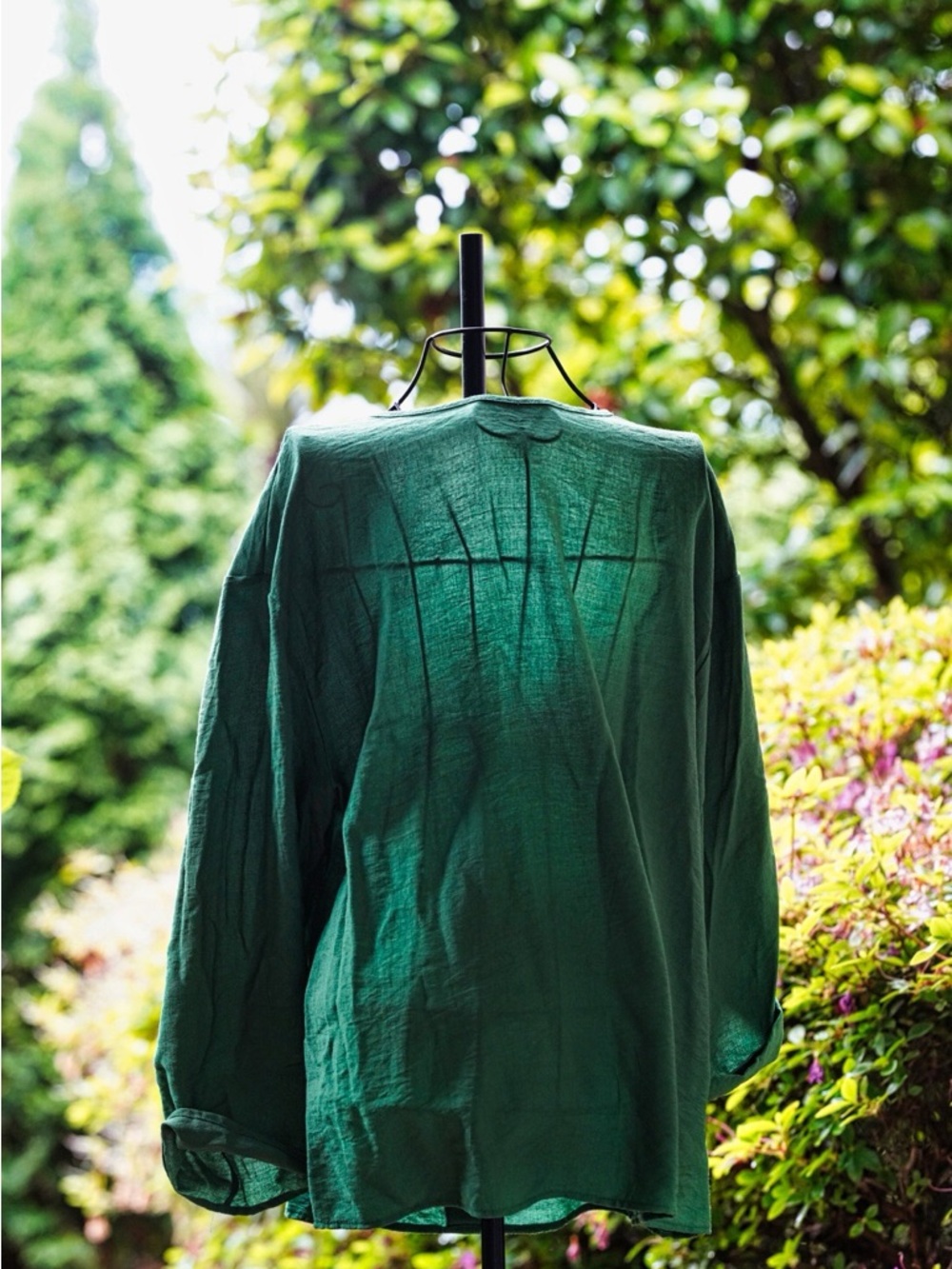 Forest Green Linen-Blend Tunic Top - Wooden Button Detail - Picture 3 of 6